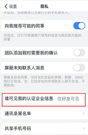 钉钉企业信息仅对好友可见 钉钉怎么隐藏企业认证信息截图