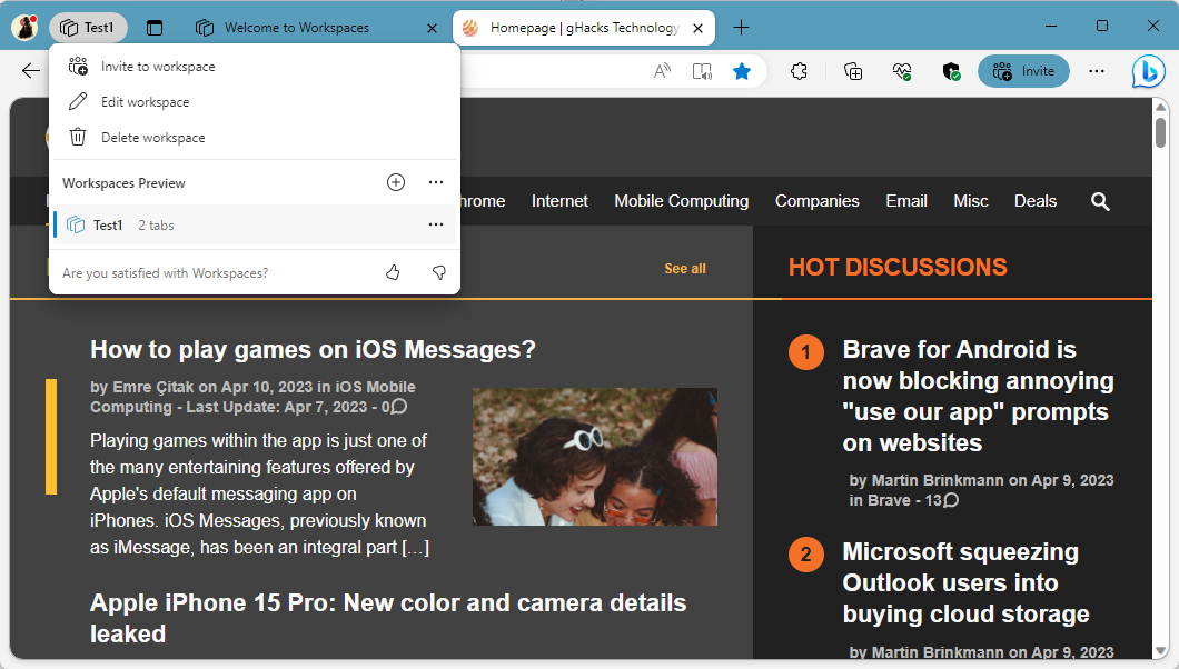 如何禁用 Microsoft Edge 的工作区功能