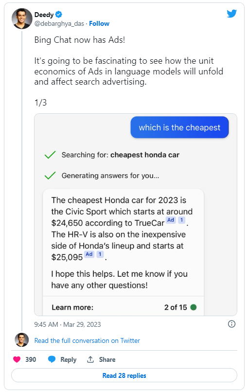 聊天机器人也要赚钱：微软必应聊天在回复中加入广告