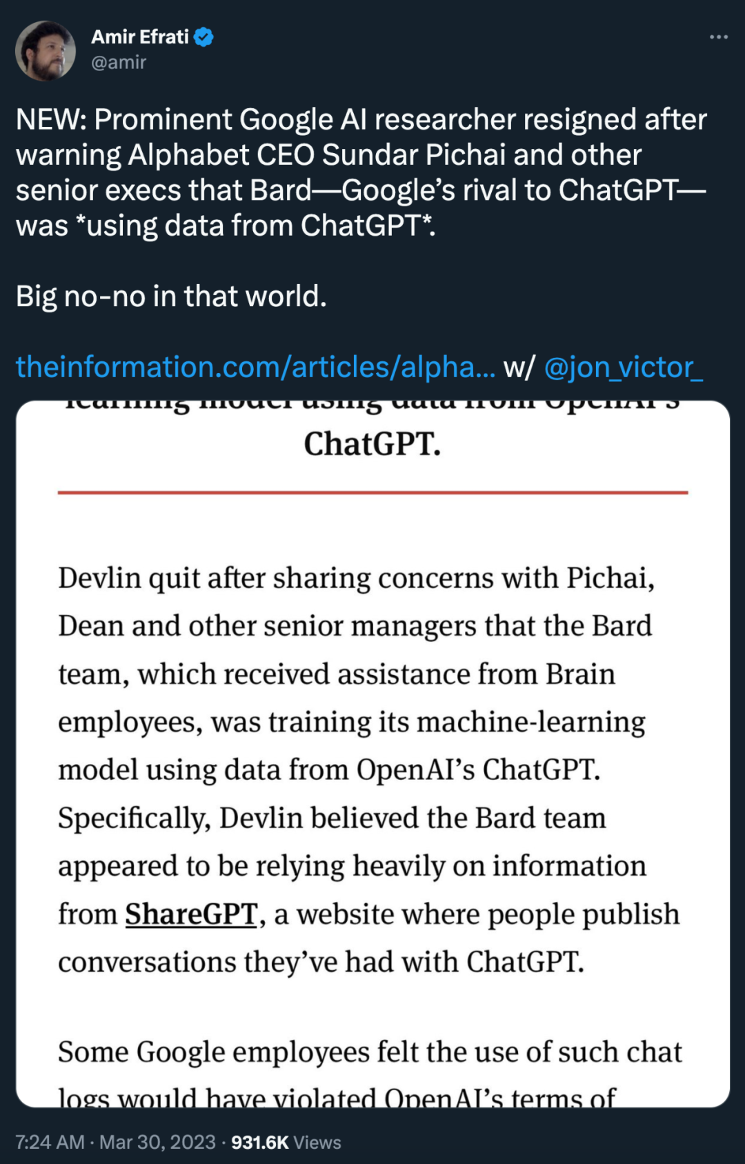 Bard是拿ChatGPT数据训练的？谷歌顶级科学家抗议无果，出走OpenAI