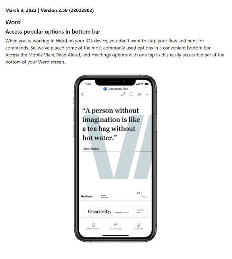新的 iOS Office Insider Preview Build 添加了一个新的底栏