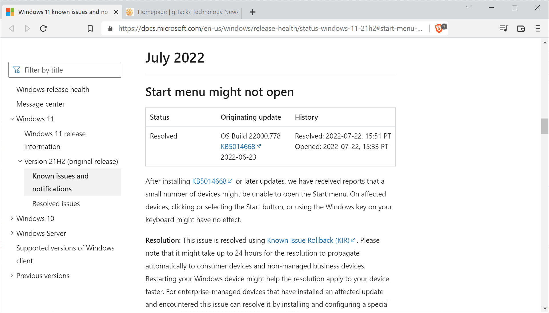 由于开始菜单打开问题，Windows 11 更新回滚
