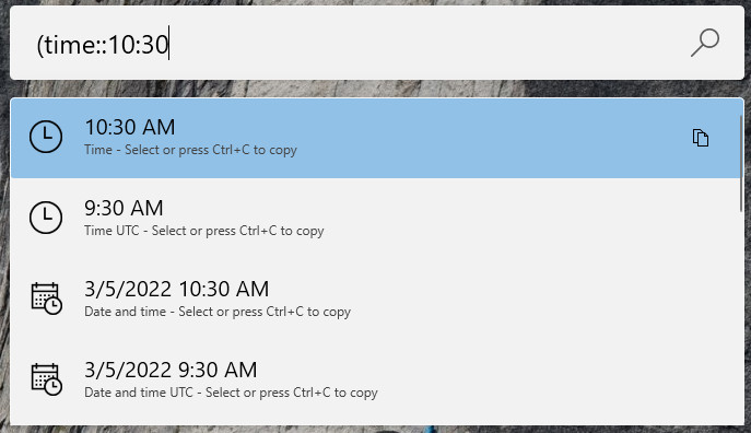 PowerToys Run 启动器以各种格式显示时间