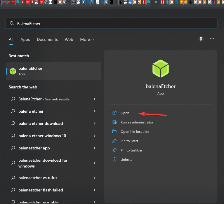 在 Windows 11 上安装 BalenaEtcher 的命令