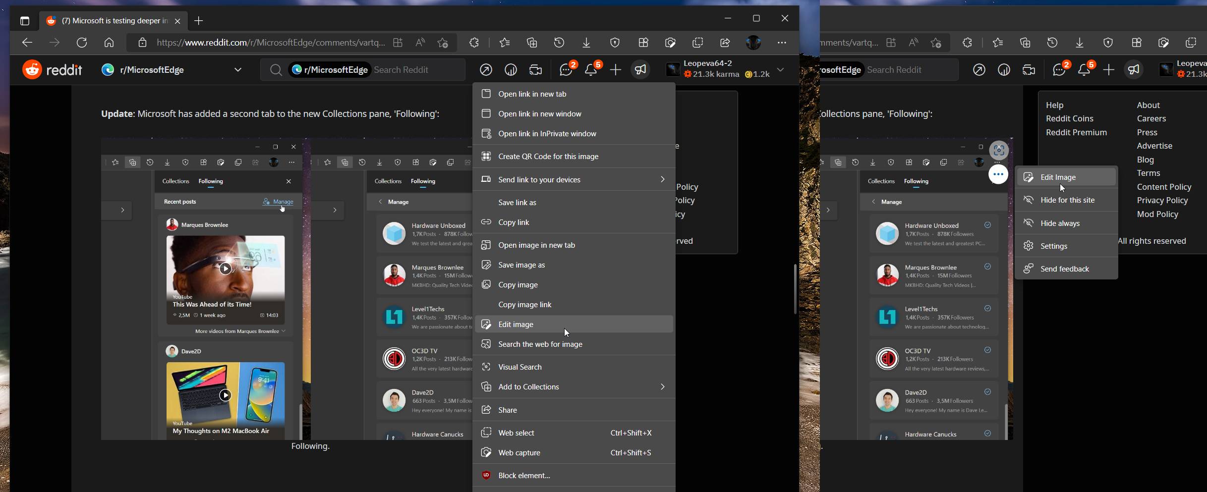 Microsoft Edge 正在测试新功能以在保存之前从 Web 编辑图像