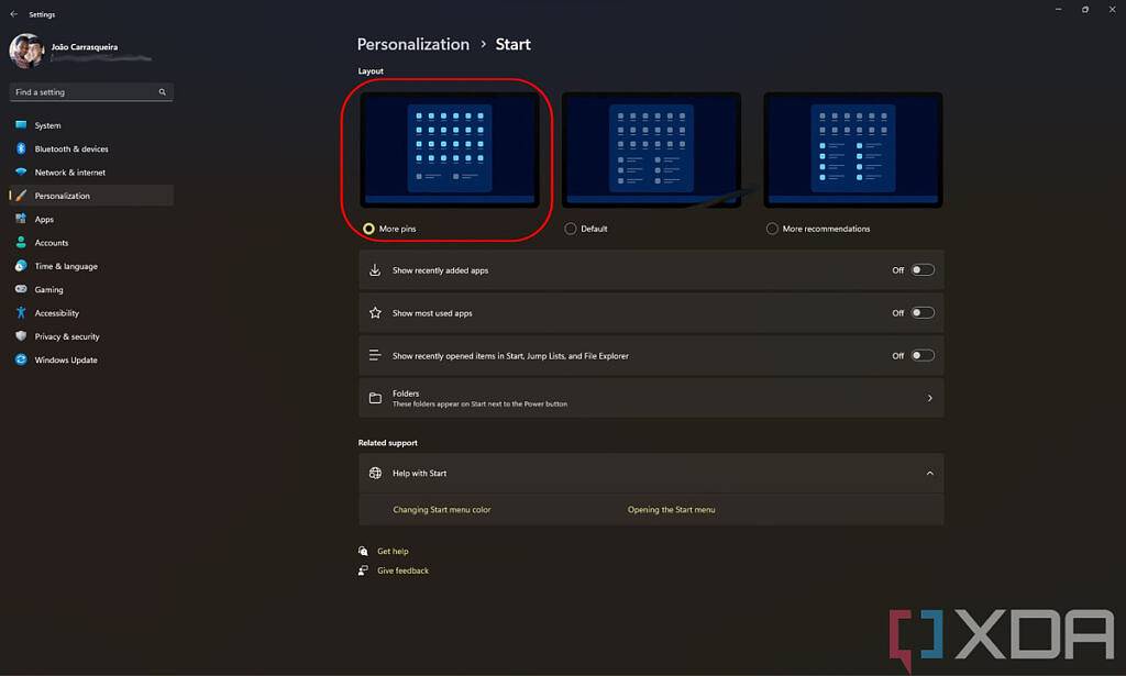 Windows-11-Settings-Start-menu-personalization-with-More-pins-layout-selected-1024x615-1