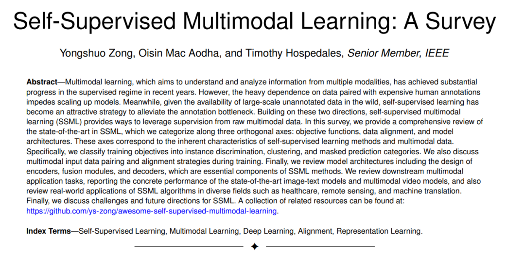 多模态如何自监督？爱丁堡等最新「自监督多模态学习」综述：目标函数、数据对齐和模型架构