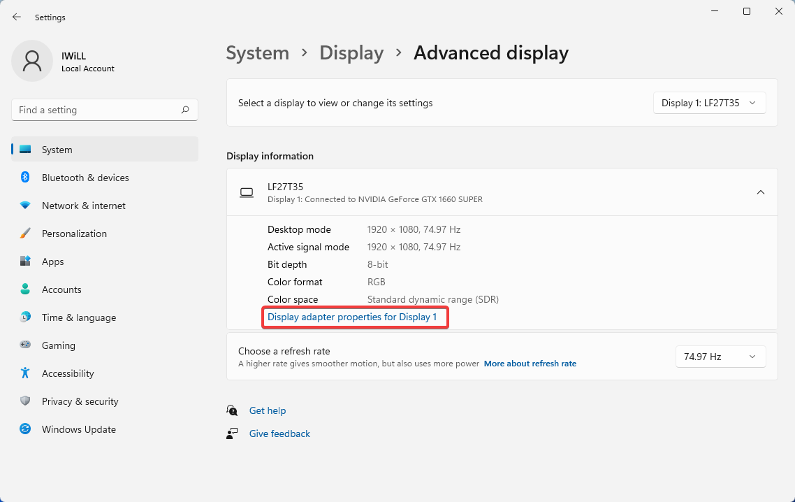select-Display-adapter-properties