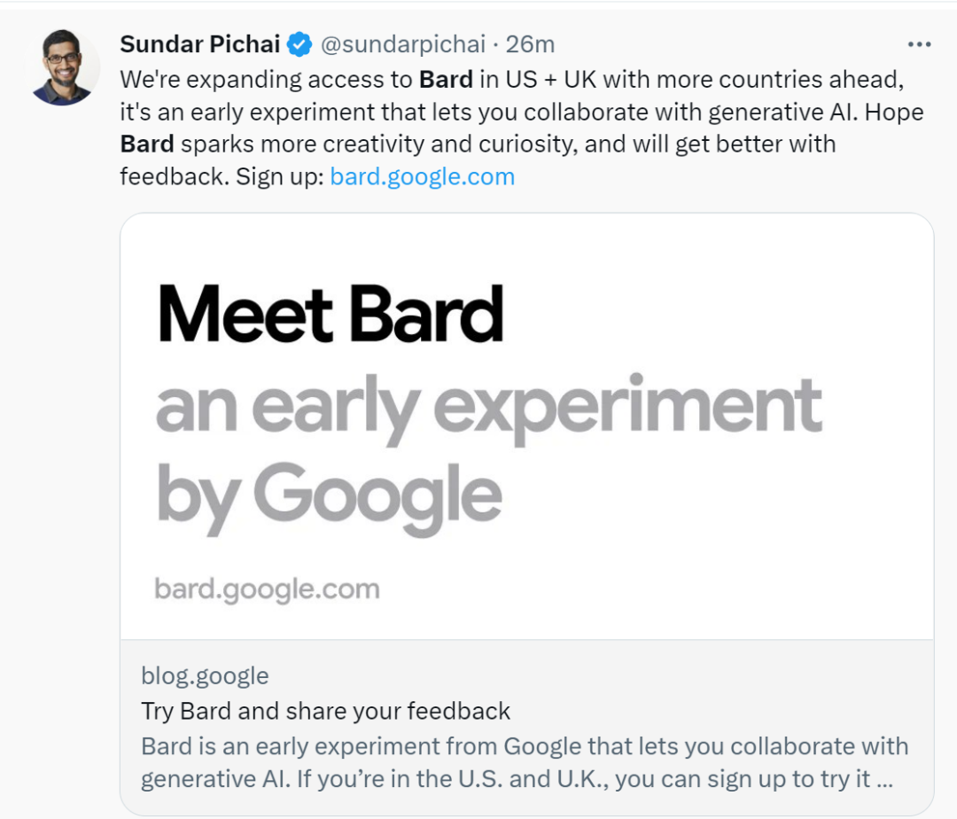 昨晚，谷歌开放了Bard申请！