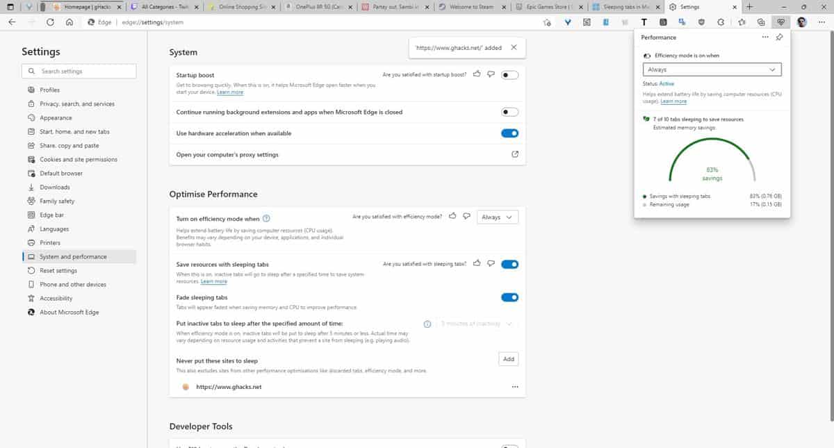 Microsoft Edge 100 改进了 Sleeping Tabs 功能以节省更多资源，并允许您监控其性能