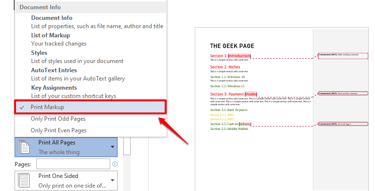 如何打印不带注释的 Word 文档