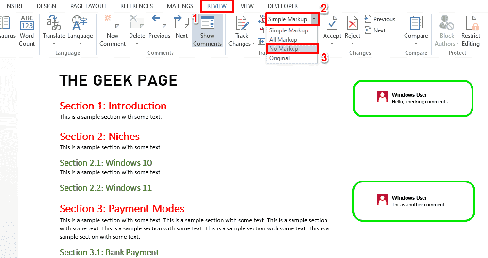 如何打印不带注释的 Word 文档