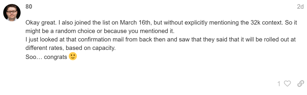 GPT-4 开始内测 32000 输入长度的版本了!你收到邀请了吗?