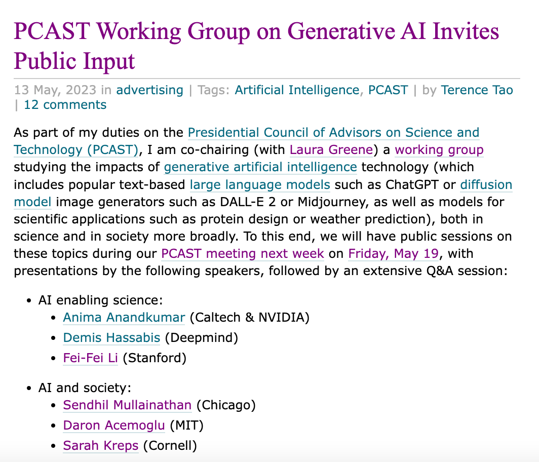 华裔数学家陶哲轩领导白宫生成式AI工作组,李飞飞将在小组演讲