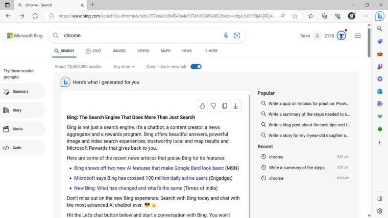 用户搜索“Chrome”时，微软AI打起必应广告