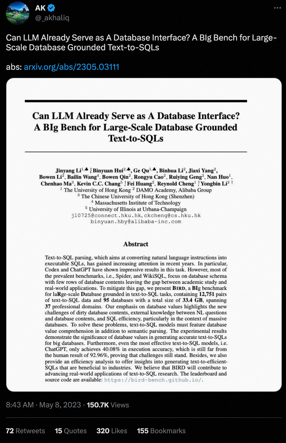 当LLM遇到Database：阿里达摩院联合HKU推出Text-to-SQL新基准​
