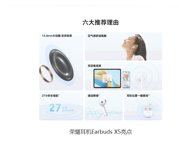 轻盈舒适的荣耀耳机Earbuds X5今日正式开售 限时特惠249元