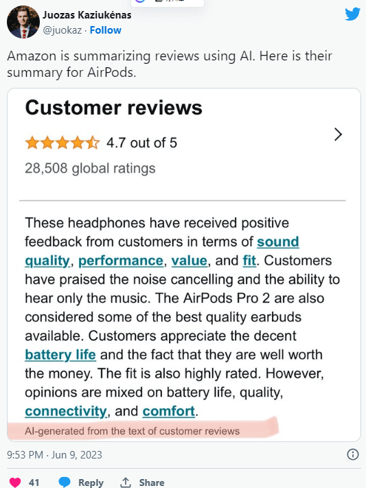 报道称亚马逊正在测试AI生成产品评价摘要