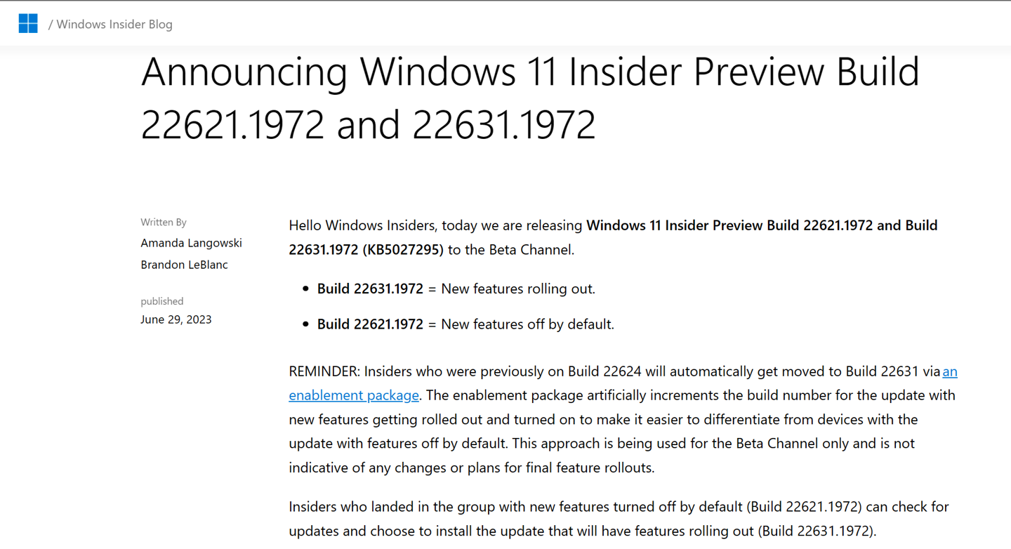 微软发布 Windows 11 Beta 22621.1972 和 22631.1972 更新:修复 RAM、BitLocker 相关问题