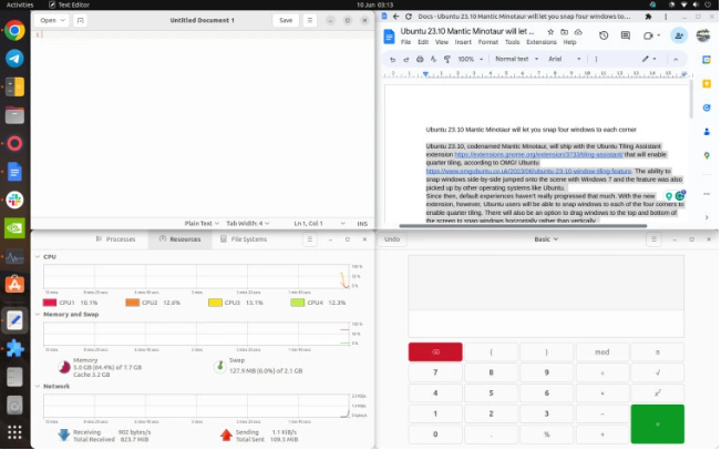 Ubuntu 23.10发布:全新Tiling Assistant扩展带来桌面四等分窗口视图!