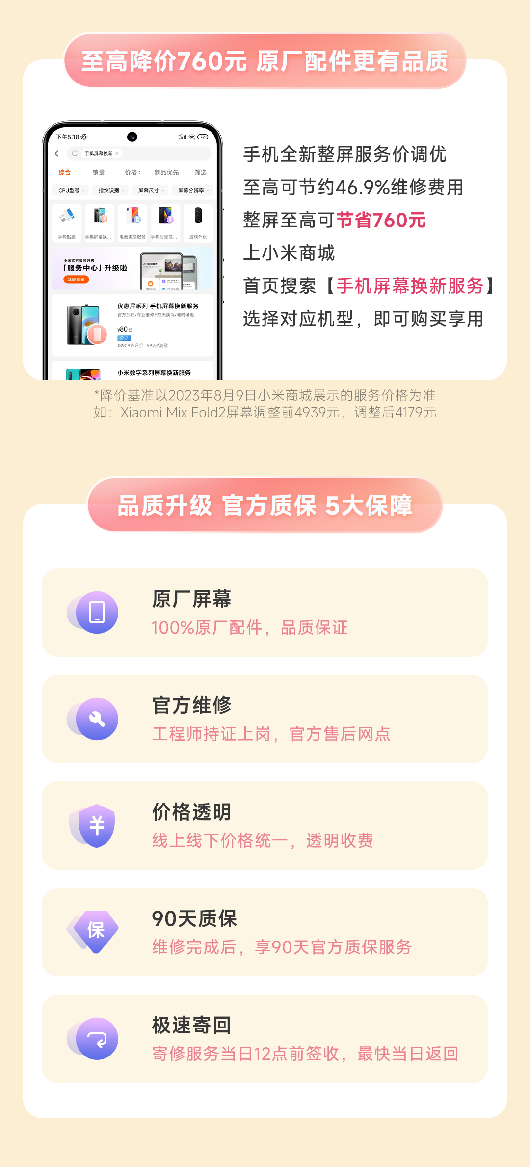 小米手机屏幕维修品质升级，服务费至高降价 46.9%
