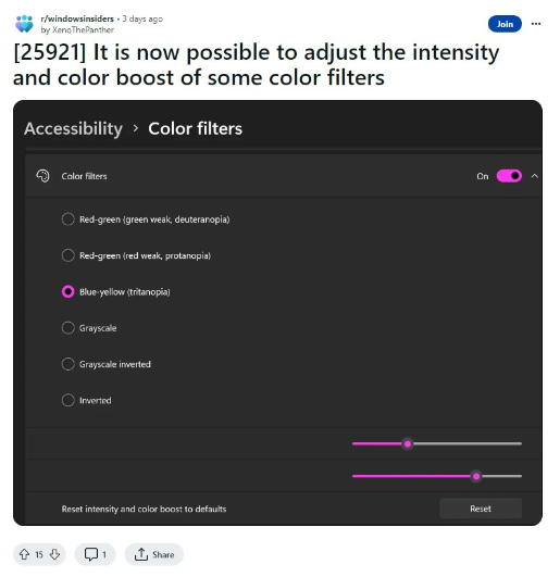 Windows 11 Canary Build 25921预览版本更新：增强颜色过滤器功能