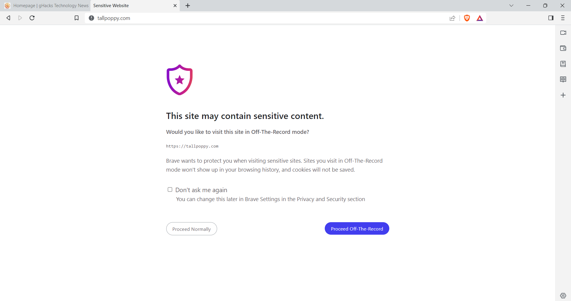 Brave 浏览器 1.56 使用“关闭记录”模式和自定义快捷方式启动