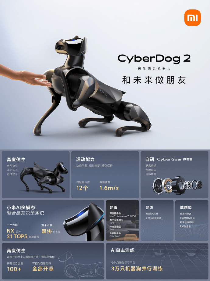 小米推出CyberDog 2机器狗，新增手势互动、语音控制等功能