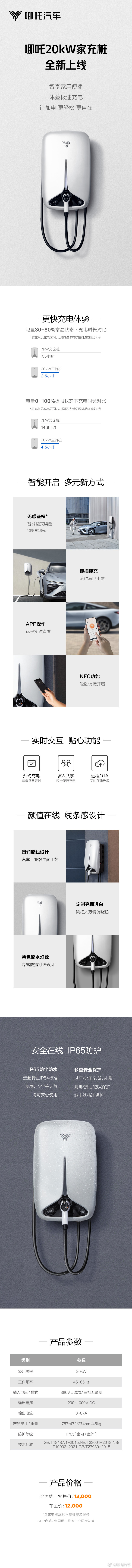 哪吒汽车推出20kW家用充电桩，车主专享价格12000元