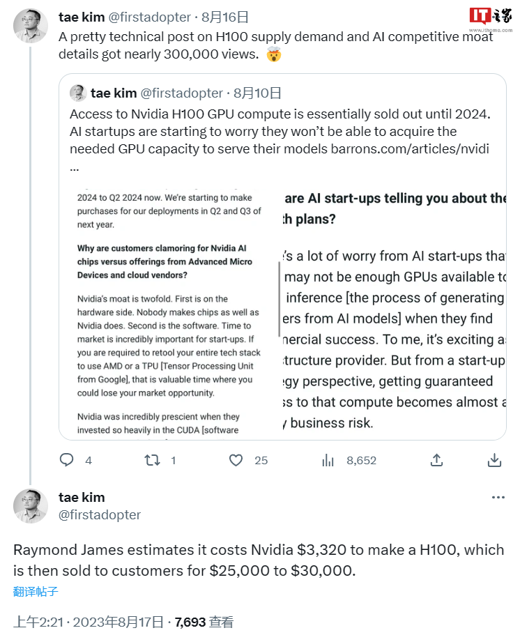 英伟达赚翻了，消息人士称 H100 GPU 的成本仅为售价的近 1/10