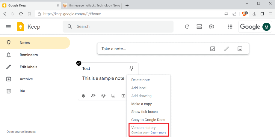 谷歌笔记应用 Keep 现在允许查看“版本历史记录”,但无法恢复图片