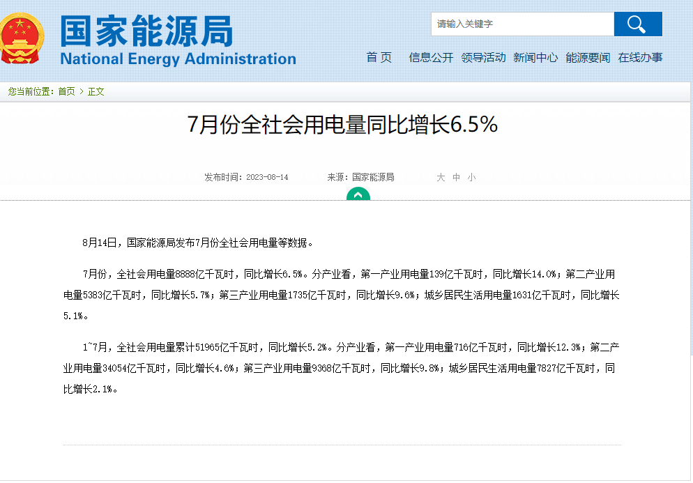 国家能源局：截至 7 月底我国太阳能发电装机容量约 4.9 亿千瓦同比增长 42.9%