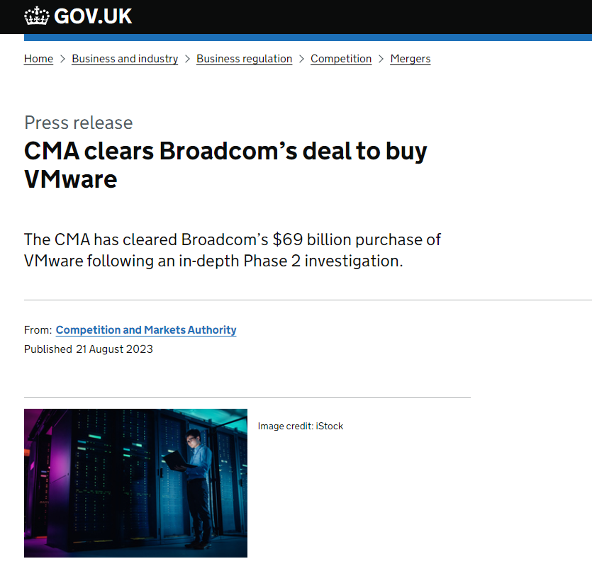 博通获准以 690 亿美元收购 VMware,英国批准