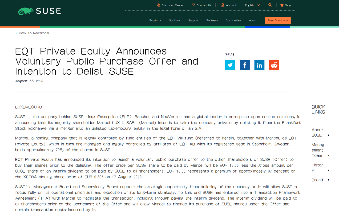 经历多次所有权转移，SUSE 宣布将被主要股东 Marcel 私有化