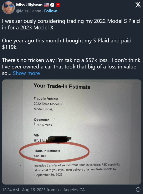 特斯拉车主面临的挑战：车辆估价遭到严重折扣