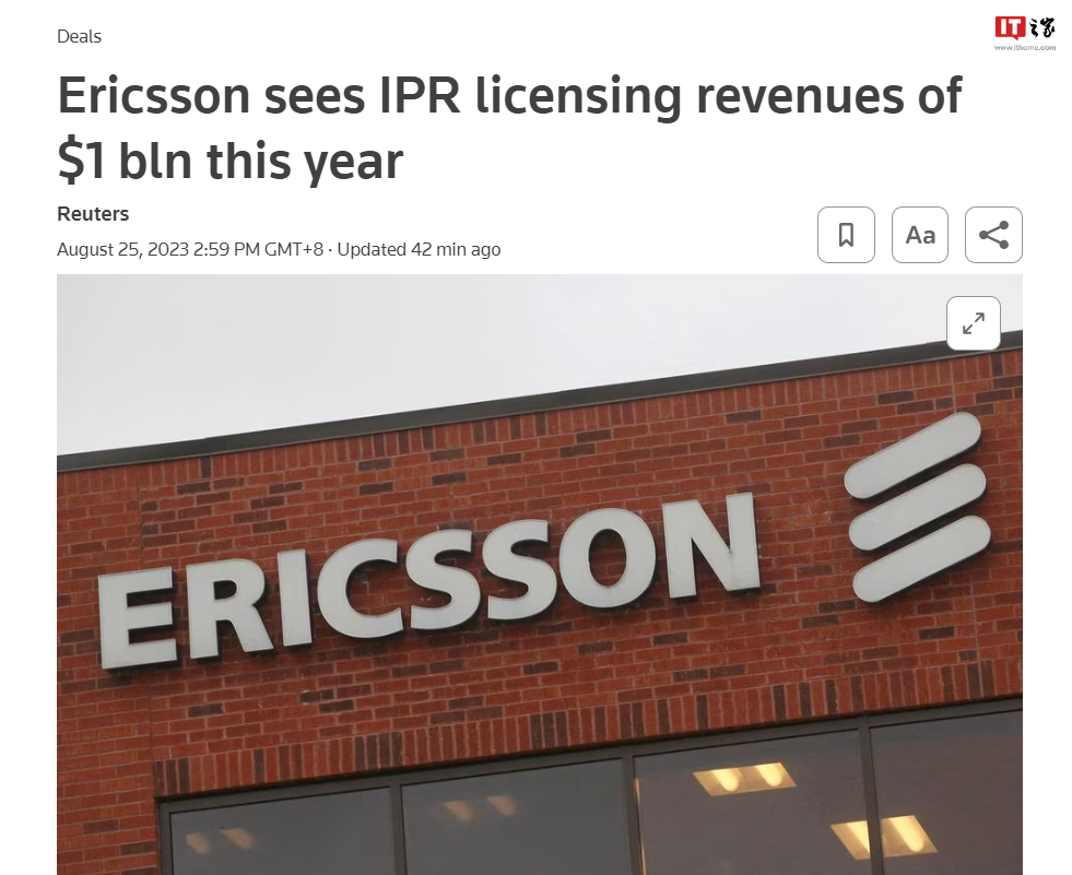 华为专利交叉许可协议续签后，爱立信预计今年知识产权许可收入将达 110 亿瑞典克朗