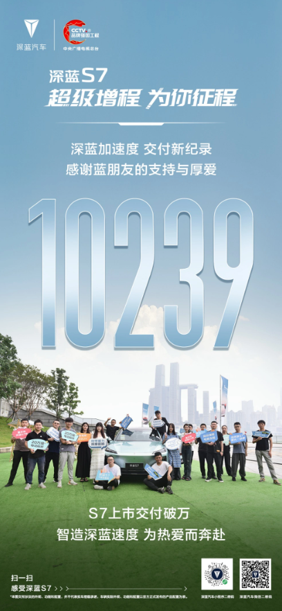 深蓝汽车宣布深蓝 S7的总交付量超过1万台!