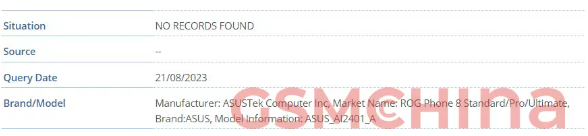 华硕ROG游戏手机8系列现身IMEI数据库:或将采用骁龙8 Gen 3处理器
