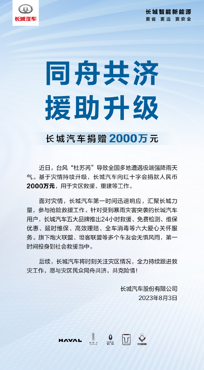 长城汽车宣布捐赠 2000 万元,为灾区救援和重建提供资助