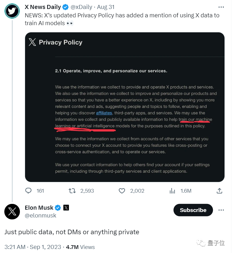 马斯克确认自己使用X数据训练AI,微软无法使用,但他自己可以使用