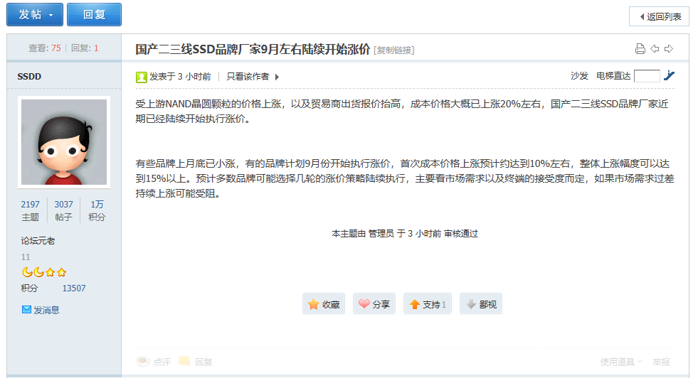 成本上涨 20% 左右,国产二三线 SSD 品牌厂家已陆续开始涨价