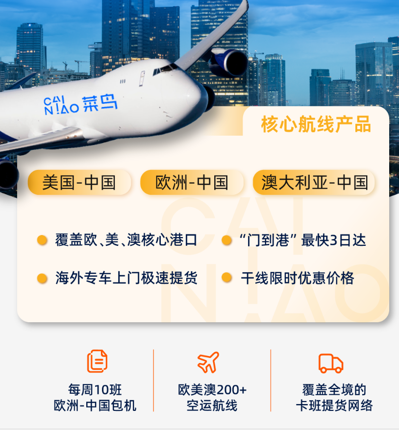 菜鸟国际推出欧美到中国“门到港”三日达产品，号称“晚到必赔”