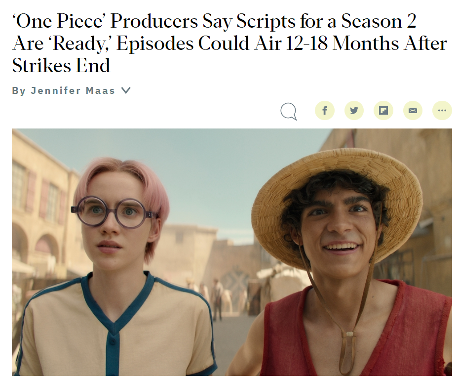 消息称《海贼王》真人剧集第二季剧本已就绪,罢工结束后开始制作