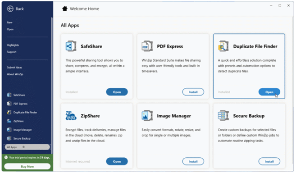 全新设计的WinZip 28主屏幕:提供更方便的文件管理体验