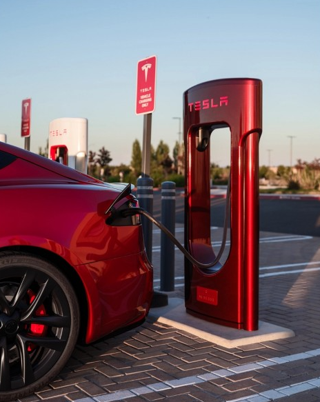 特斯拉烈焰红超充桩登场：电动未来再添一抹亮色