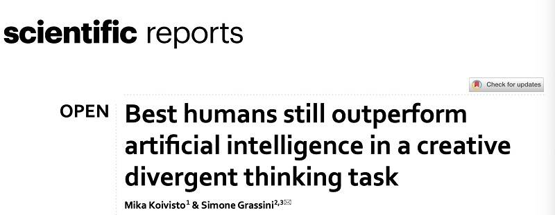 AI创意表现或超越大多数人，得分最高的人仍强于最佳机器人