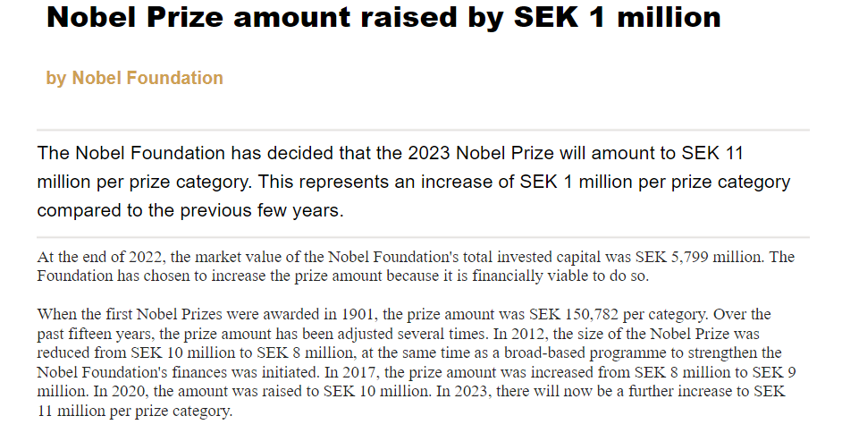 瑞典克朗大幅贬值,诺贝尔基金宣布将今年诺奖奖金增加 100 万