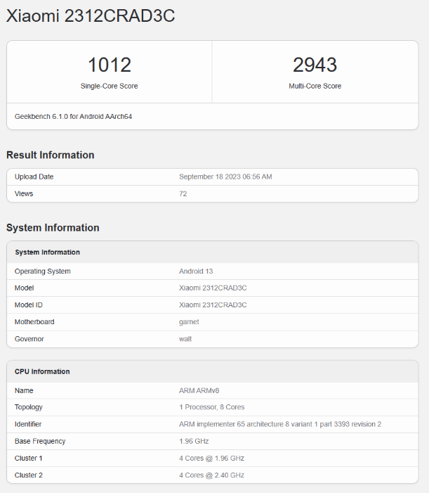 小米 Redmi Note 13 Pro在Geekbench上亮相，搭载高通骁龙 7s Gen 2处理器！