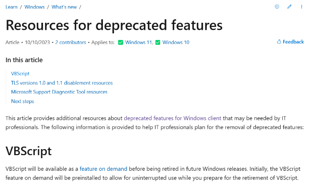 微软官方宣布VBScript脚本语言将不再被支持