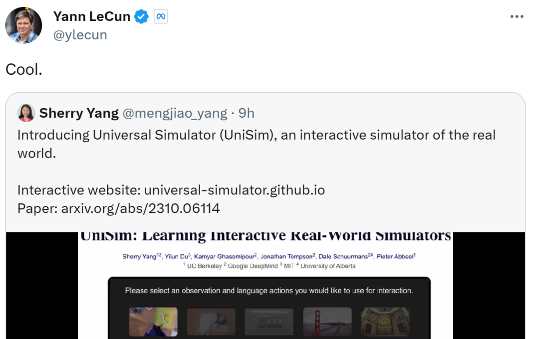 生成模型构建交互式现实世界模拟器,LeCun觉得非常酷